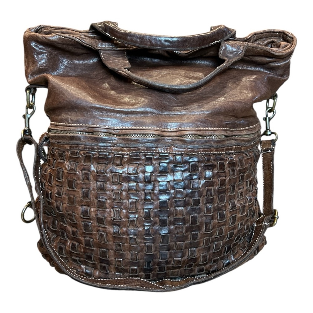 LANGELLOTTI MADE IN ITALY LEATHER WOVEN CONVERTIBLE BACKPACK TOTE BAG CUOIO